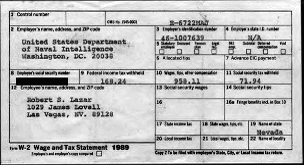 Bob Lazar's W2 Form from U.S. Department of Naval Intelligence