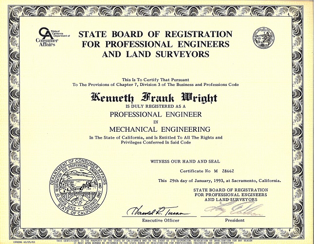 Kenneth Wright California Professional Engineer License in Mechanical Engineering