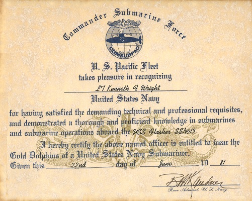 Kenneth Wright Sumbarine Qualification Certificate