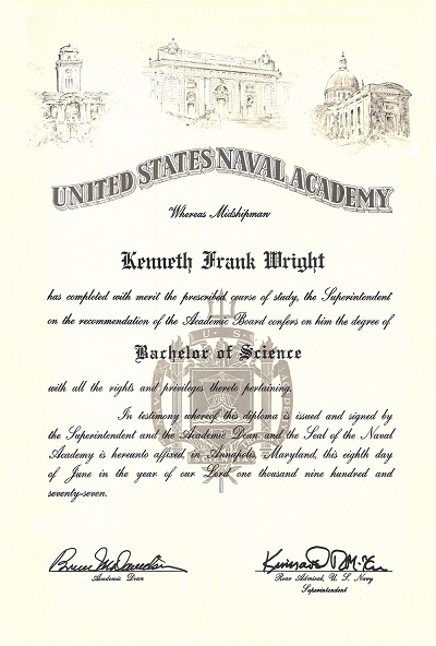Kenneth Wright US Naval Academy Bachelor of Science Degree 1977