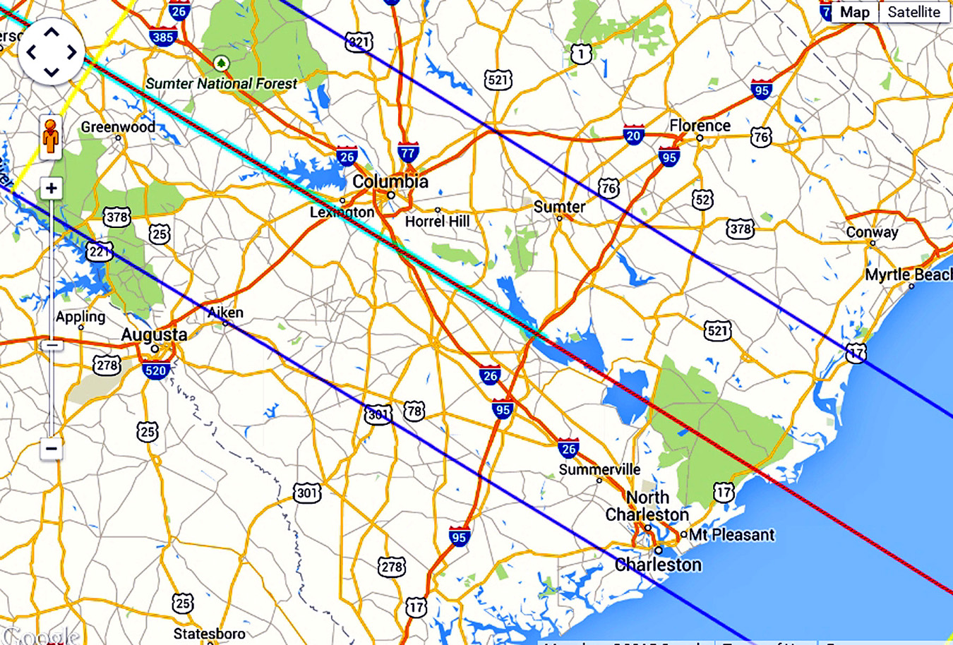 August 21, 2017, Path of Solar Eclipse Totality Across South Carolina - Columbia to Charlston