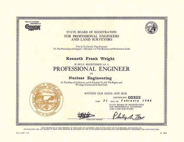Kenneth Wright California Professional Engineer License in Nuclear Engineering